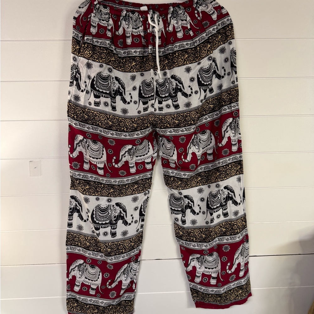Elephant Patterned Red and Black Rayon Baggy Pants Or Sweats Medium Or Small